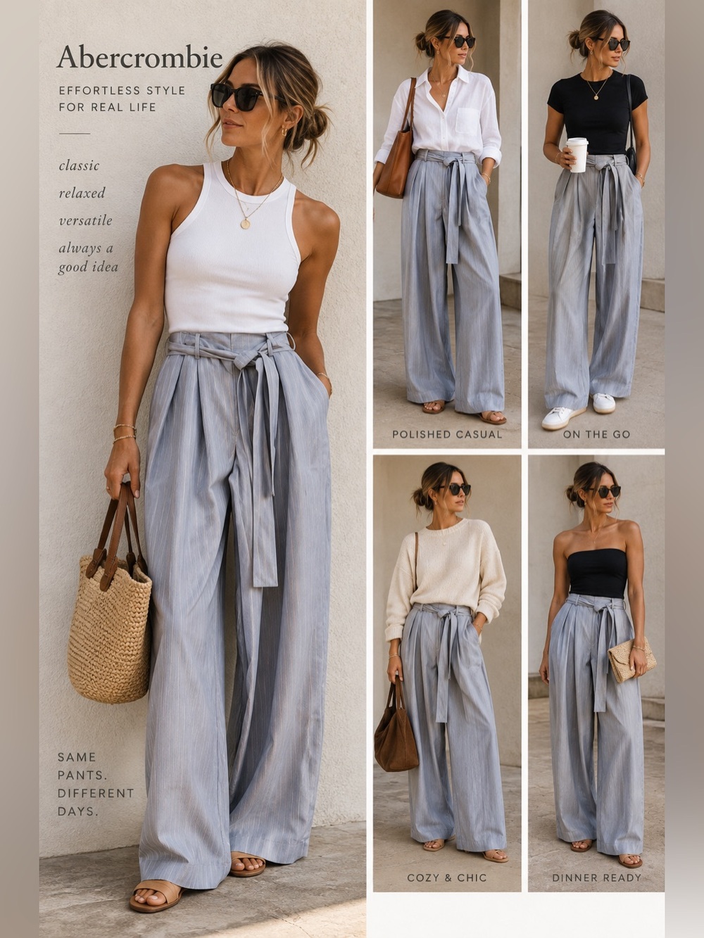 Abercrombie & Fitch Blue Striped Pleated Wide Leg Belted Pants Size 30R
